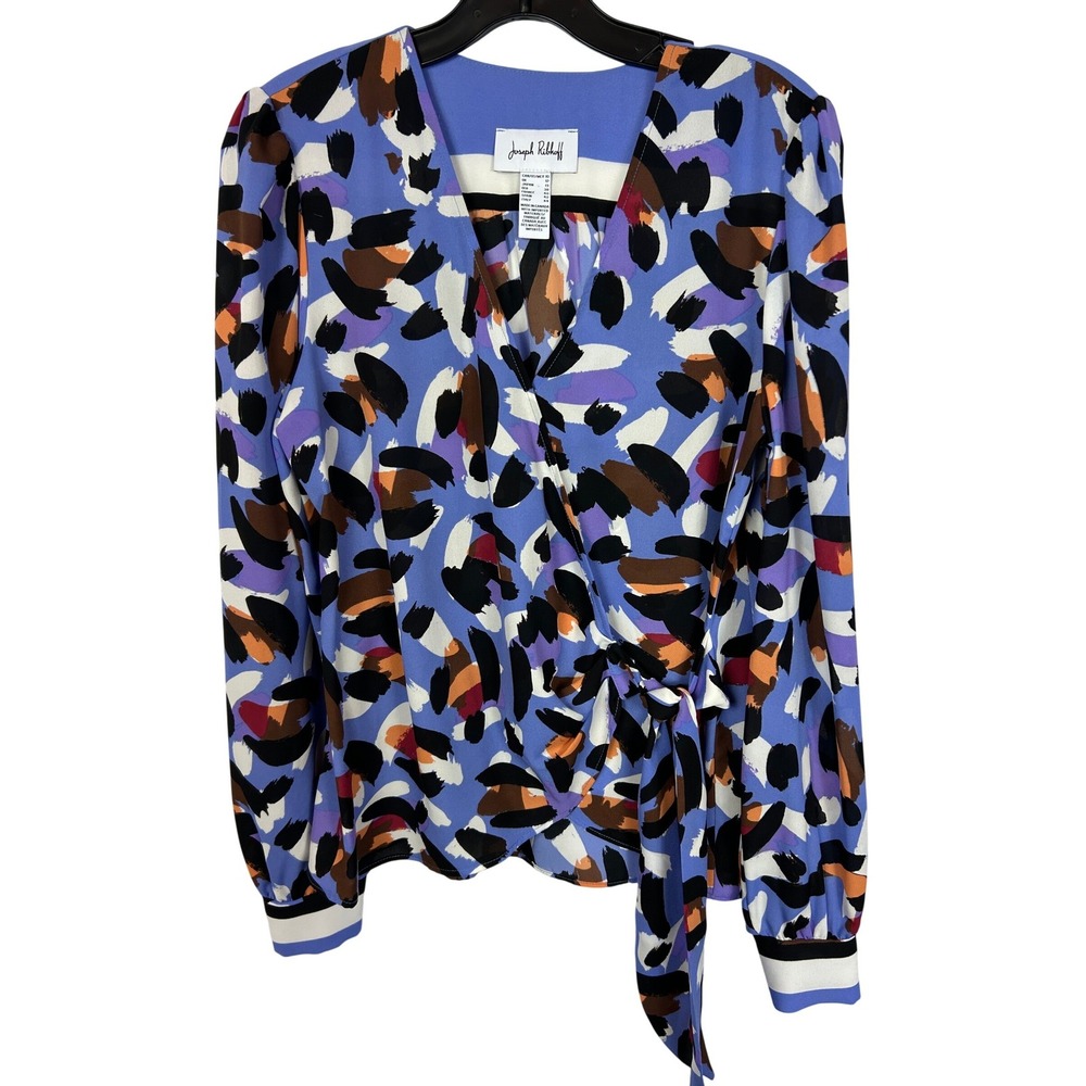 Joseph Ribkoff Brushstroke Colorful Wrap Blouse Periwinkle Blue Orange Size 10